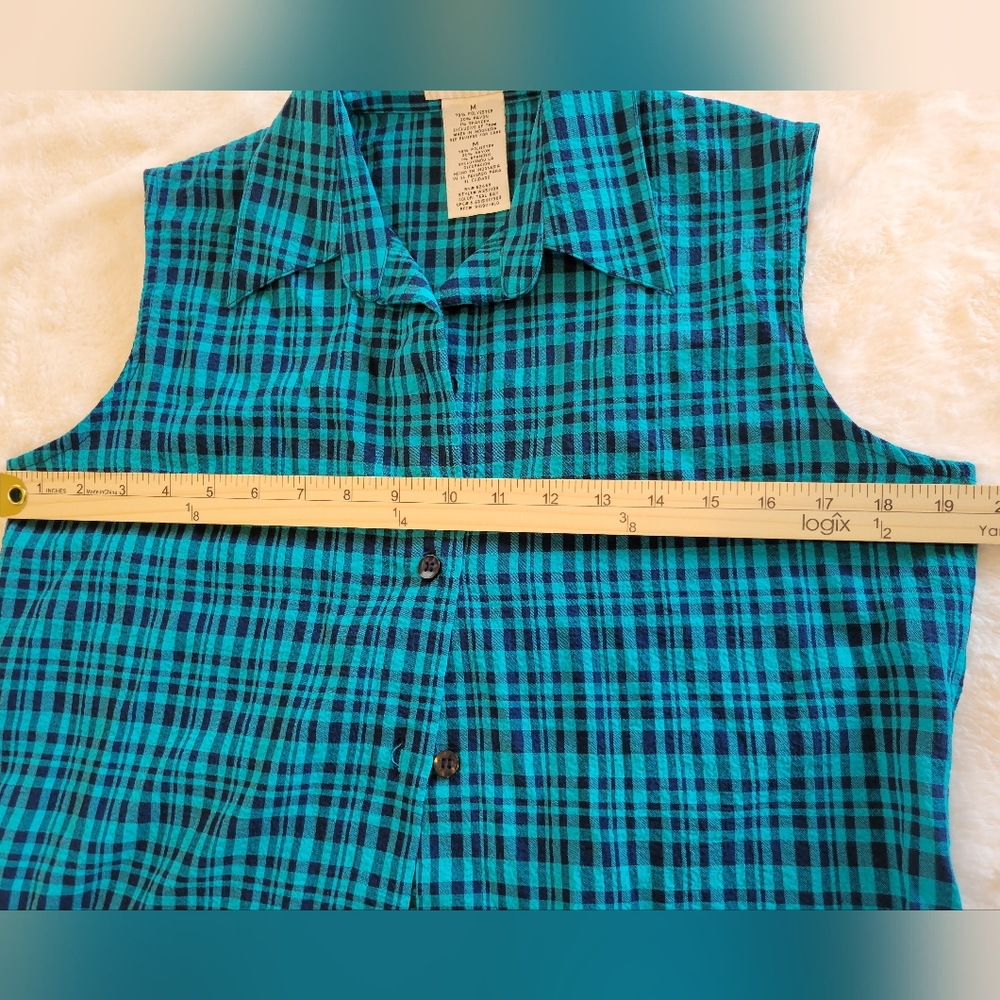 White Stag Sleeveless Plaid Blouse in  Blue Turquoise  Size M - Picture 8 of 8